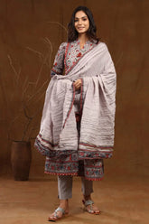 Grey Cambric Printed A-line Kurta Pant Dupatta Set with Mask